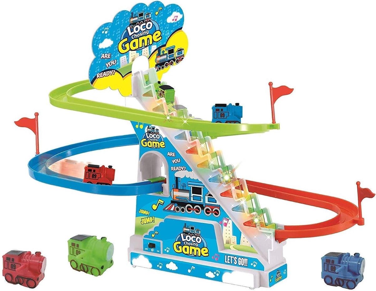 Haktoys Loco Chasing Game met LED-knipperlichten en muziek aan / uit-knop voor rustig spelen | Fun locomotief trein glijbaan speelset